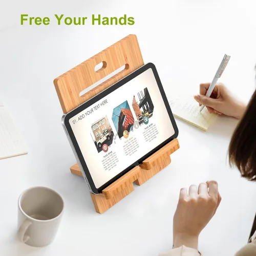 Vista 2 de Pezin & Hulin Soporte ajustable de bambú para tableta, soporte para teléfono celular de escritorio compatible con Pad Air/Pro/Mini, lector