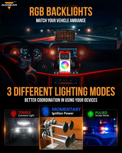 Vista 3 de Panel de interruptores Auxbeam de 6 bandas Bluetooth RGB AR-600 con modos de palanca momentáneos y pulsados, pod de interruptor multifuncional