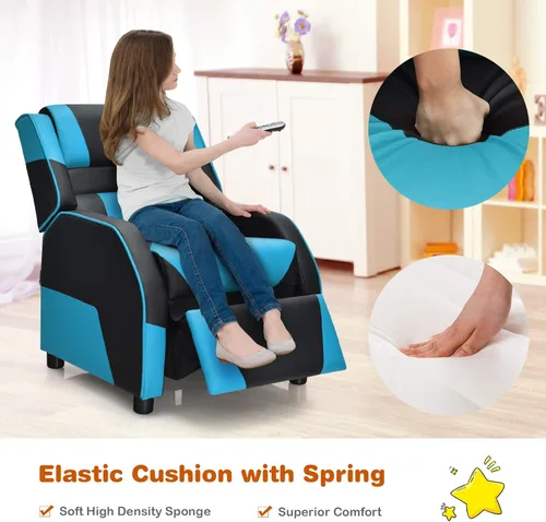Vista 6 de Giantex Silla reclinable para niños, silla reclinable para juegos con reposapiés, reposacabezas y soporte lumbar, silla ergonómica de cuero para Azul