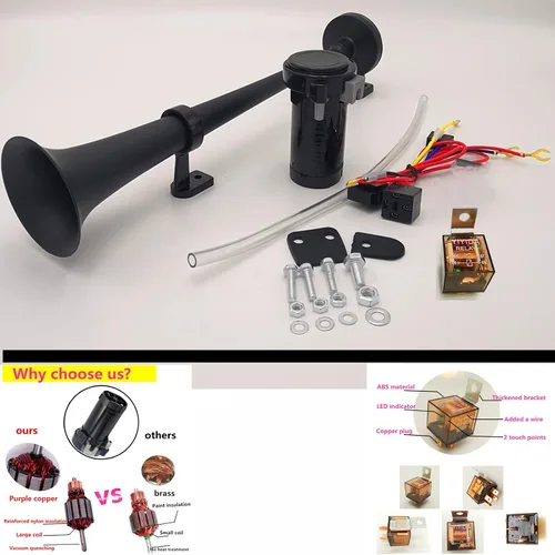 Vista 5 de Bocina de aire de 12 V 150 DB Bocina de coche 17.7 in Altavoz de coche Negro Cromo Zinc Trompeta simple Bocina súper fuerte con bomba de aire Bocina
