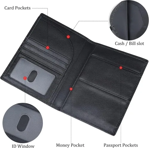 Vista 6 de Polare - Soporte para pasaporte de cuero de grano completo con bloqueo RFID, billetera plegable para viajes, 2 pasaportes, Negro -, Slim