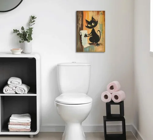 Vista 8 de Divertido Arte de Pared de Baño de Gato Negro en Lienzo Arte de Pared de Gato Abstracto con Imagen de Papel Higiénico Decoración de Pared Póster