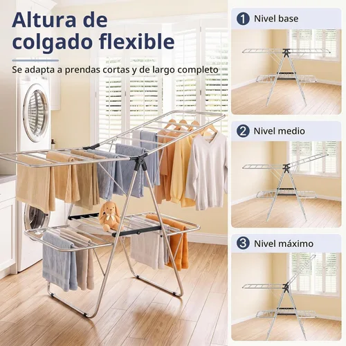 Vista 3 de Estante de secado de ropa plegable de 2 niveles de acero inoxidable, altura Negro oscuro