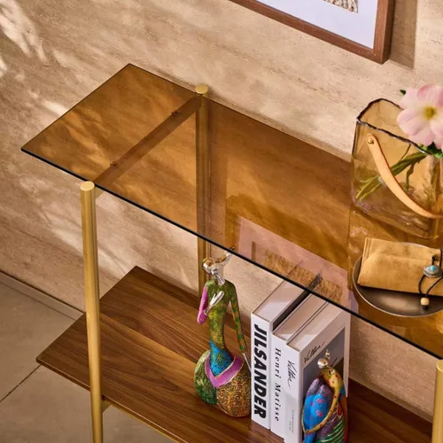 Vista 6 de Mesa consola de vidrio para sala de estar, vestíbulo y entrada, mesa de sofá moderna de mediados de siglo de 2 niveles con parte superior de vidrio