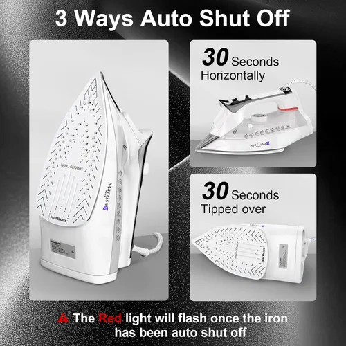 Vista 6 de Martisan Plancha de vapor para ropa, 1800 W, suela de nano cerámica, ráfaga de vapor dinámica, termostato preciso para todas las telas, apagado