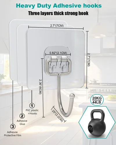 Vista 6 de Paquete de 10 unidades, sostiene 20 kg (Máx.), Ganchos para colgar, Ganchos de pared adhesivos impermeables, Gancho grande para colgar de alta