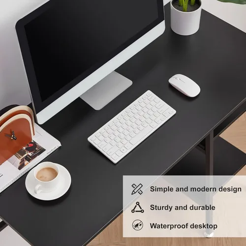 Vista 6 de VECELO Escritorio para computadora de 43 pulgadas, mesa de estudio, oficina, escritorio moderno con estantes, escritorio de madera para el Negro