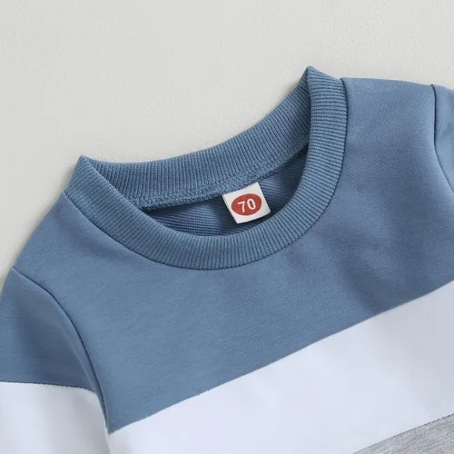 Vista 3 de Fumilery Conjunto de 2 piezas de sudadera de manga larga con bloques de color y pantalones con cordón para bebé