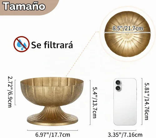 Vista 3 de NUPTIO Jarrones Dorados Desgastados para Centros de Mesa: Jarrones de Compota de Latón Rústicos para Flores - Decoración de Cuenco con Pedestal