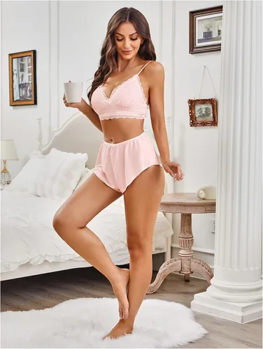 Vista 6 de SweatyRocks - Conjunto de ropa interior de lencería con borde de encaje, bralette con tirantes y calzón para mujer Rosa (Lace pink)