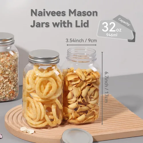 Vista 3 de Paquete de 6 tarros Mason de 32 onzas de plástico transparente con tapa Silver Matel Tarros vacíos de plástico para cocina y hogar