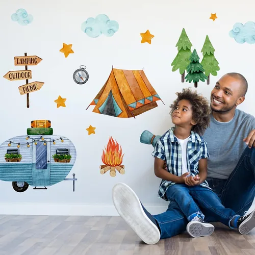 Vista 3 de Yovkky Calcomanías de pared para habitación de los niños, decoración neutra de picnic al aire libre, casa rodante, hoguera, guardería, sala
