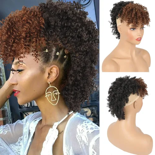 Vista 11 de Aisaide Cola de caballo afro Mohawk alta con flequillo sin cordón, extensión de cola de caballo corta rizada sin cordón, clip sintético en moño