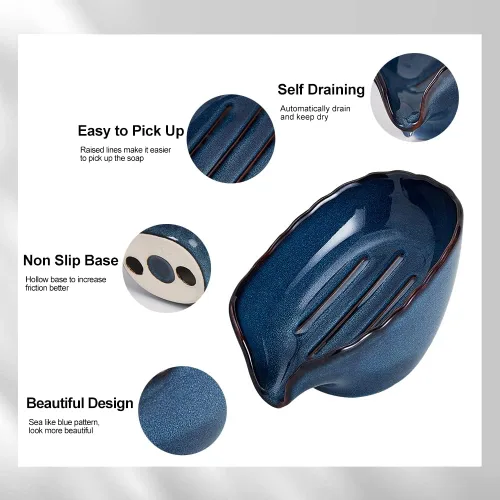 Vista 5 de Jabonera de cerámica, soporte para jabón autodrenante, fácil de limpiar, mantiene el jabón seco, jaboneras para baño, cocina, inodoro (azul)