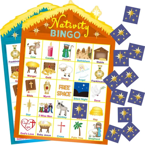 Vista 9 de Juego de bingo de la Natividad de Fancy Land para niños, 24 jugadores, Navidad, establo, casa cristiana, juego de bingo religioso para fiestas