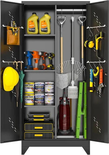 Vista 7 de OSEILLC Armario de Almacenamiento de Metal con Puertas con Cerradura, 61" de Alto para Garaje con Barra Colgante, Armario Escobero, Gabinete