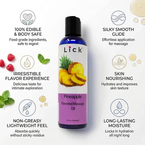 Vista 4 de Lick Aceite de masaje con sabor a piña con vitamina E, aceite corporal dulce comestible para masaje de parejas, mezcla de aceite de coco fraccionado
