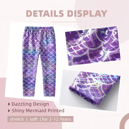 Vista 4 de VIKITA Leggings elásticos para niñas con escamas brillantes, pantalones ajustados de colores elegantes para fiesta de cumpleaños de 2 a 12 años