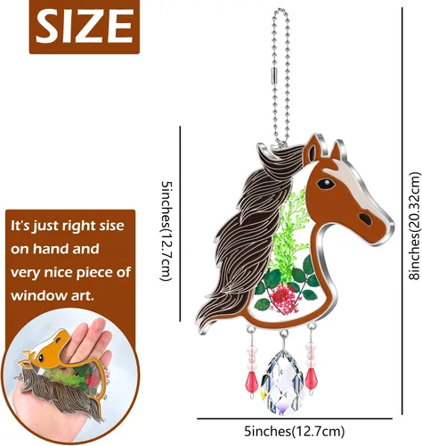 Vista 7 de KY&BOSAM Atrapasoles de cristal pintado a mano con cabeza de caballo, campanilla de viento con flor prensada incrustada en ventana de cristal, Día