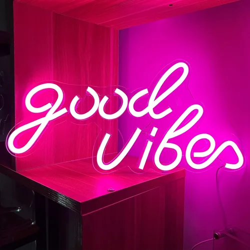 Vista 12 de Good Vibes - Letrero de neón LED para decoración de pared, luces de neón azules para dormitorio y fiesta, luz de neón brillante alimentada por USB