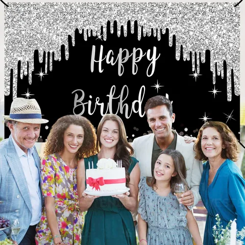 Vista 4 de Cartel de feliz cumpleaños negro y blanco plateado para mujeres y niñas, cartel de feliz cumpleaños negro y plateado, suministros de fiesta, póster