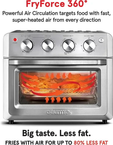 Vista 2 de Gourmia Tostador Horno Air Fryer Combo 7-en-1 funciones de cocción 1550 vatios, capacidad 19.8L, accesorios incluidos estante de convección, cesta