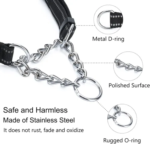 Vista 2 de Collar Martingala para perros con cadena de acero inoxidable (S, negro) Ajustable, a prueba de escapes, costuras reflectantes para paseos