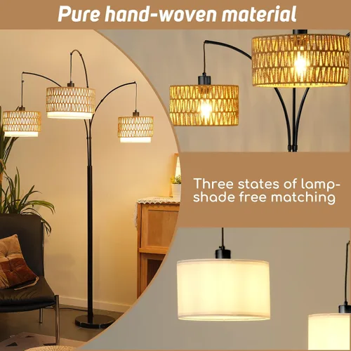 Vista 6 de Lámpara de pie de ratán para sala de estar, lámpara de pie boho de 80 pulgadas de altura con interruptor giratorio, lámpara de arco de 3 luces