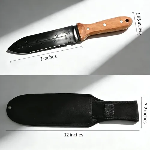 Vista 3 de Hori Hori - Cuchillo de jardín, hoja de acero inoxidable de 7 pulgadas, herramienta de jardinería resistente, mango de madera de espiga completa