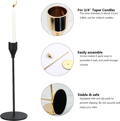 Vista 4 de Portavelas negros para velas cónicas, paquete de 6 portavelas alto, portavelas de metal largo a granel para bodas, cenas, fiestas, regalos, centro