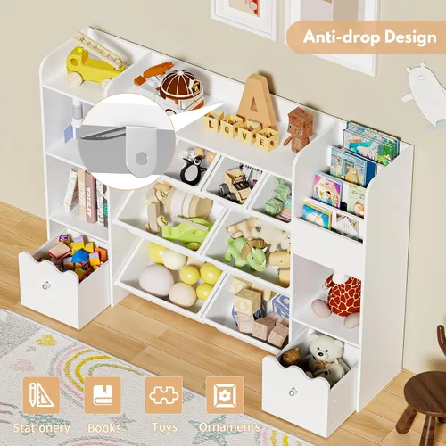 Vista 8 de HOMMPA Organizador de almacenamiento de juguetes para niños de 55 pulgadas de ancho con 2 cajones movibles, estantería de 4 niveles para niños