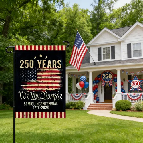Vista 2 de Banderas de jardín con el 250 aniversario de Estados Unidos para exteriores, bandera de Estados Unidos del 250 aniversario con rayas de estrellas