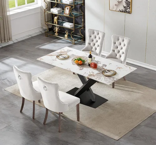 Vista 2 de Juego de 5 mesas de comedor, juego de mesa de cocina y comedor para 4, mesa de cocina rectangular de mármol sintético blanco de 47 pulgadas con base