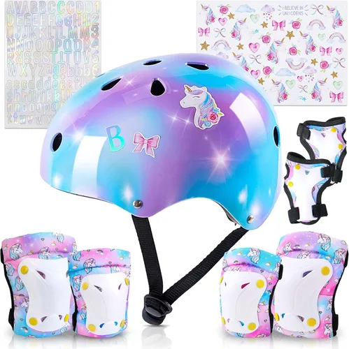 Vista 15 de Casco para niños, casco de bicicleta para niños pequeños con pegatinas DIY Unicornio, rodilleras y coderas ajustables, juego de protección para Rosa