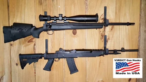 Vista 2 de Percheros para armas de montaje en pared, ganchos de acero y metal, para almacenamiento de armas de fuego, palanca de escopeta, cargador