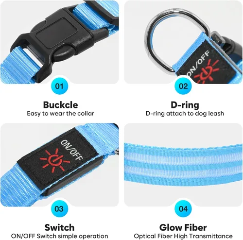 Vista 3 de Collar de perro con luz LED, recargable que brilla en la oscuridad, collar ajustable para perros pequeños (S, azul)