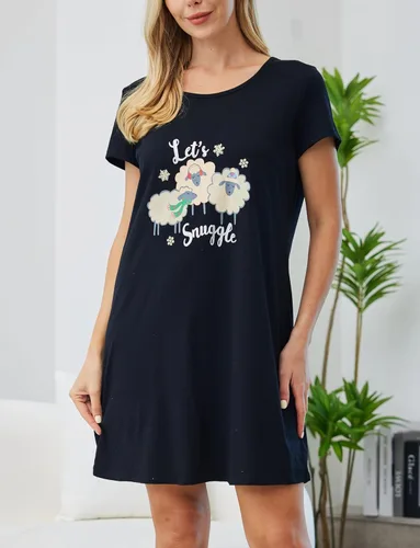 Vista 2 de PNAEONG - Camisón de algodón para mujer, de manga corta y con estampado, ropa de dormir informal