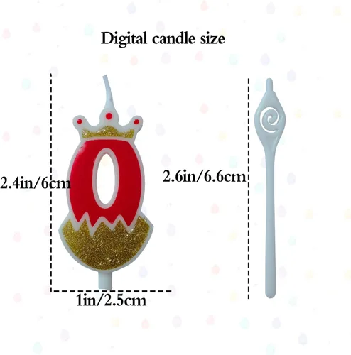 Vista 2 de Vela roja con número de cumpleaños 0, velas grandes de cumpleaños con números 3D para pasteles de cumpleaños con decoración de corona, vela