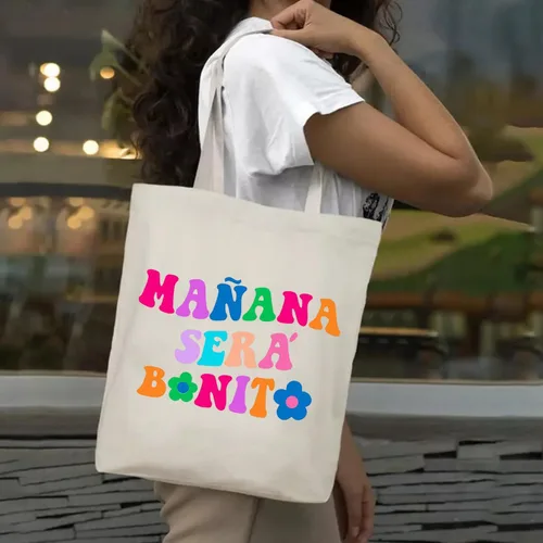 Vista 2 de SAUIVD Bolsa de lona Manana-Sera' Hermosas Flores Bolsos de Algodón Bolso de Hombro Moda Bolsa de Compras Reutilizable Bolsa de Comestibles