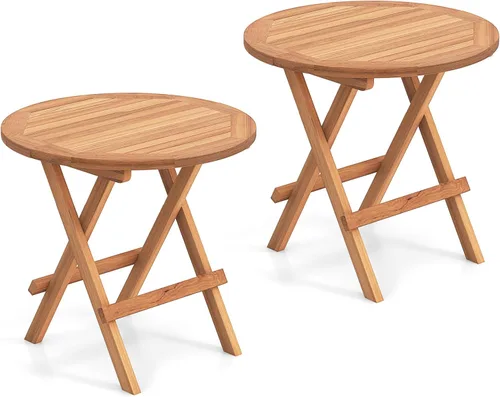 Vista 11 de RELAX4LIFE Mesa auxiliar plegable para exteriores – Mesa auxiliar de madera de teca, mesa redonda de café bistró con mesa de listones, mesa