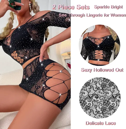 Vista 3 de QCWQMYL Conjunto de lencería para mujer, diseño de malla de encaje travieso, body de 2 piezas