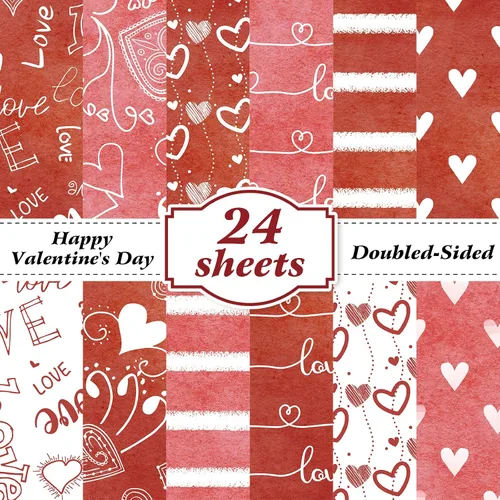 Vista 8 de Papel con Patrón de San Valentín de Doble Cara Papel Decorativo para Álbum de Recortes de San Valentín, Cartulina Roja y Negra con Corazones de Amor
