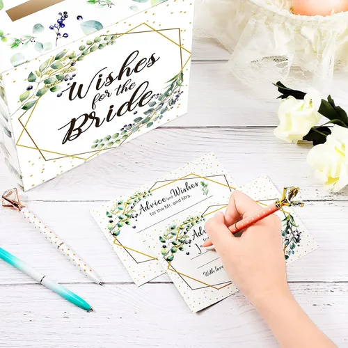 Vista 5 de Outus Caja de 51 tarjetas de boda con hojas de salvia con tarjetas de consejos, caja de tarjetas de despedida de soltera, cajas de sobre