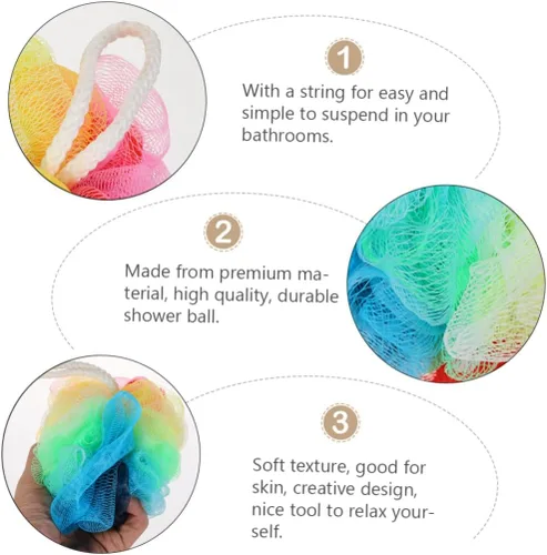 Vista 9 de FOMIYES Esponja de ducha para ducha, esponja de baño, esponja de esponja de baño, bolas de malla de color arcoíris, almohadillas de esponja