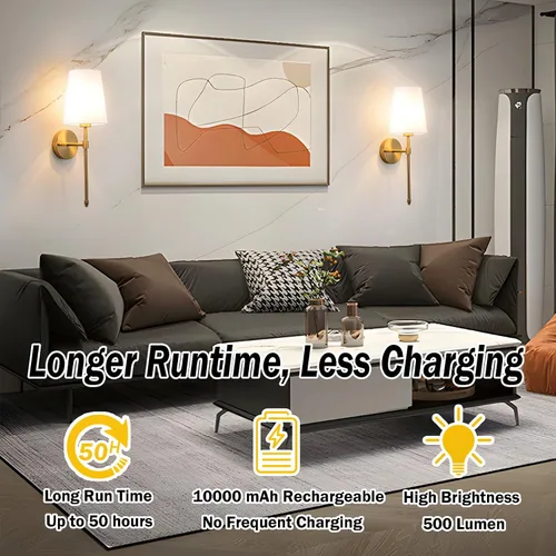 Vista 2 de YHCDLAMP Juego de 2 apliques de pared que funcionan con pilas, luces de pared inalámbricas recargables con bombillas magnéticas de 10000 mAh, hasta