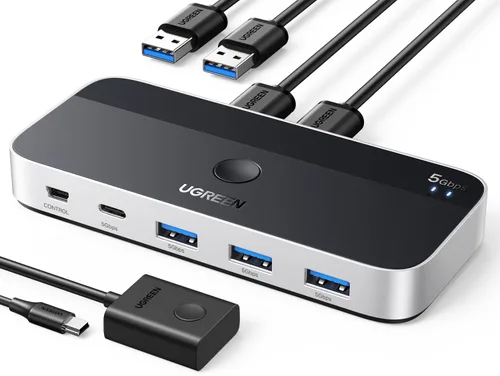 Vista 10 de UGREEN Conmutador USB 3.0 2 computadoras que comparten dispositivos USB C y A, conmutador USB de 4 puertos para compartir teclado y mouse