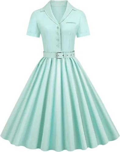 Vista 2 de Audrey Hepburn - Vestido de cóctel vintage para mujer, manga Shoet, con botones y cinturón, estilo retro de los años 50, vestidos de fiesta con vuelo