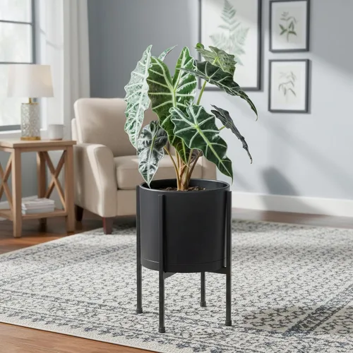 Vista 2 de D'vine Dev Maceta negra de 8 pulgadas con soporte, moderna maceta cilíndrica de plástico con soporte de metal resistente para plantas