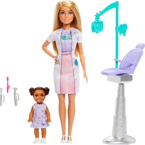 Vista 5 de Barbie Dentista con muñeca de moda rubia con vestido azul y bata de laboratorio, 1 muñeca infantil, muebles y accesorios médicos