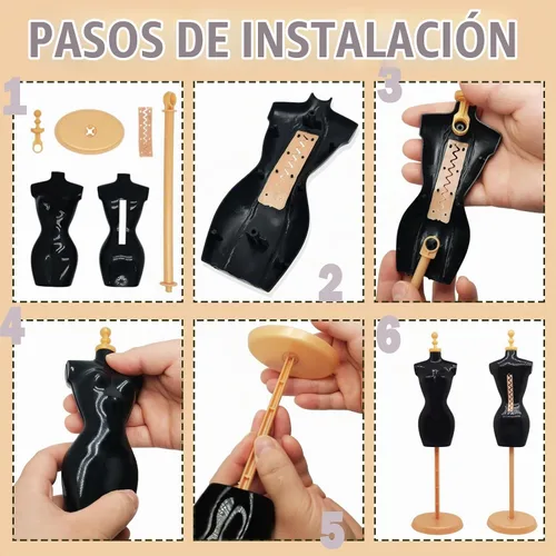 Vista 4 de Forma de vestido de maniquí de muñeca con soporte de base para diseño de ropa y exhibición de joyas de disfraces (oro negro, 4 piezas)